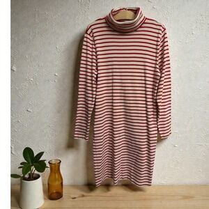 J Crew Striped Turtleneck Knit Dress Red Cream Womens Size XL Midi Long sleeve